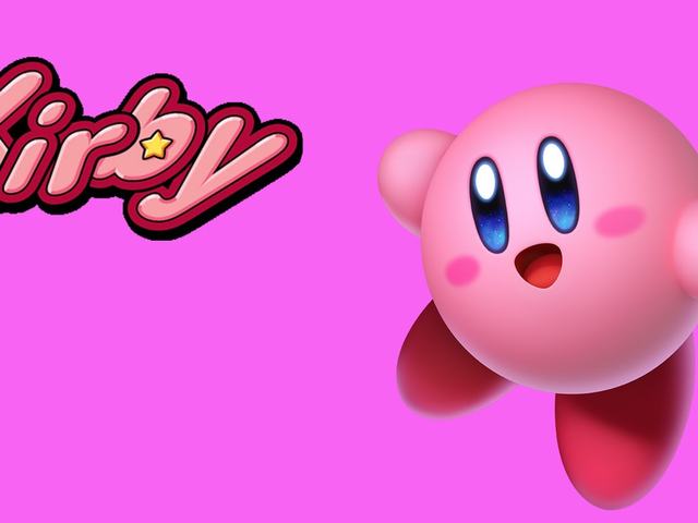 Kirby figures on a bright pink banner